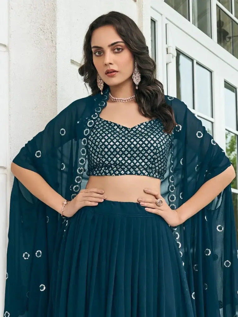 Lovable Navy-Blue Embroidered Georgette Cocktail Wear Lehenga Choli with Shrug