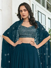 Lovable Navy-Blue Embroidered Georgette Cocktail Wear Lehenga Choli with Shrug