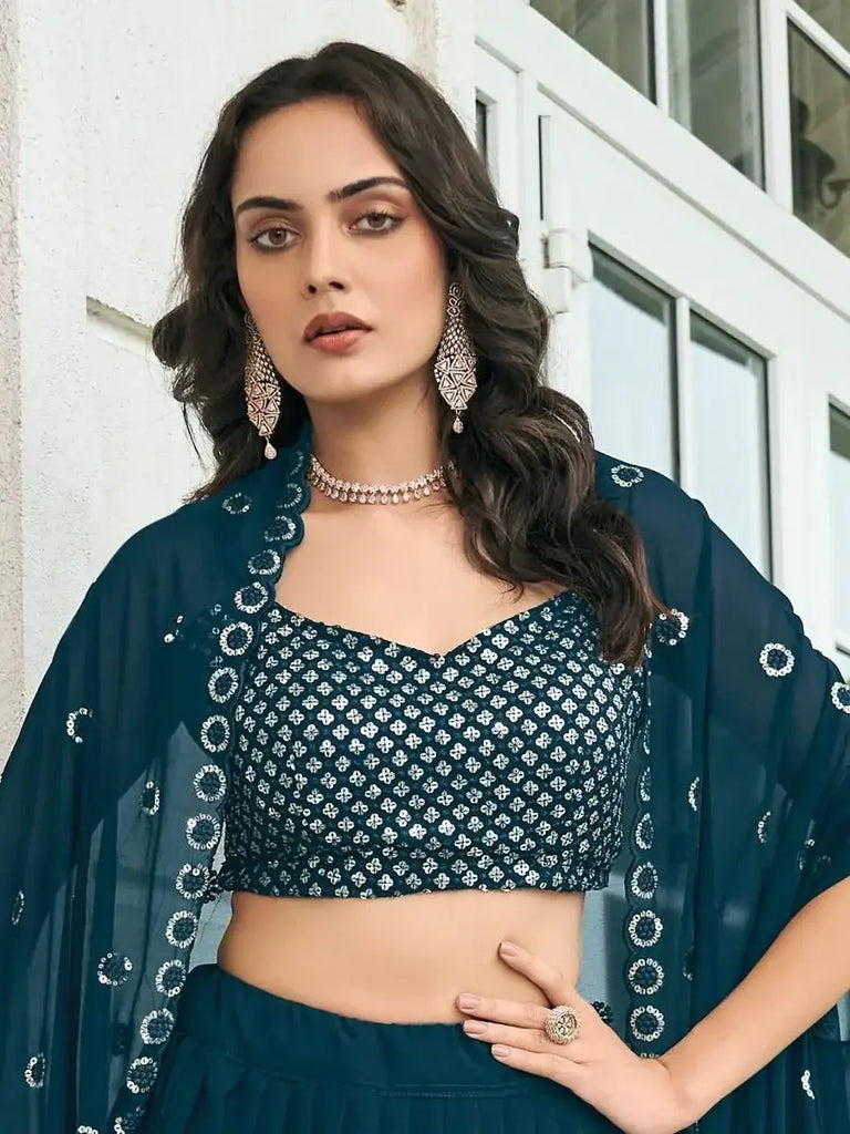 Lovable Navy-Blue Embroidered Georgette Cocktail Wear Lehenga Choli with Shrug
