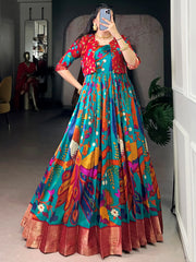 Fabulous Blue Kalamkari Printed Silk Festive Wear Gown With Koti