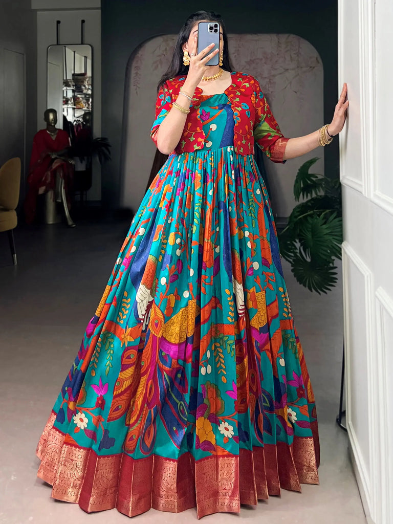 Fabulous Blue Kalamkari Printed Silk Festive Wear Gown With Koti