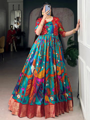 Fabulous Blue Kalamkari Printed Silk Festive Wear Gown With Koti