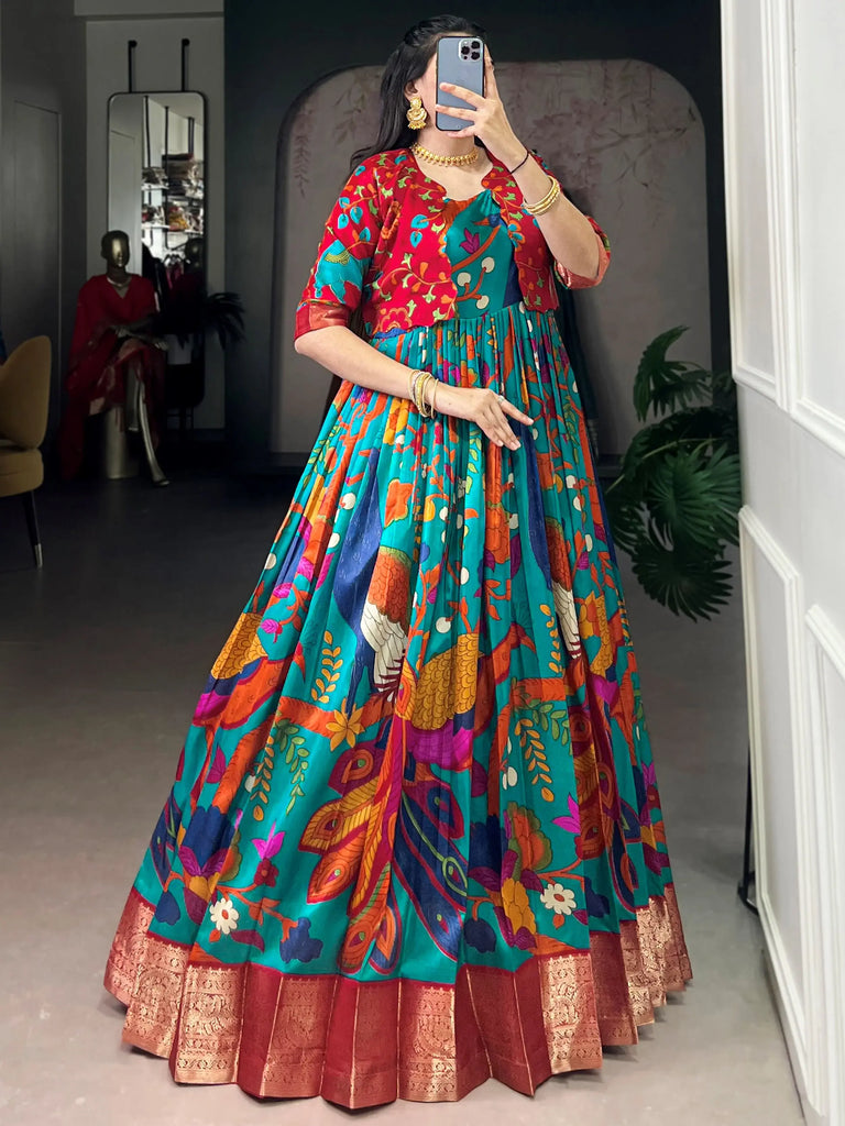 Fabulous Blue Kalamkari Printed Silk Festive Wear Gown With Koti