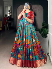 Fabulous Blue Kalamkari Printed Silk Festive Wear Gown With Koti