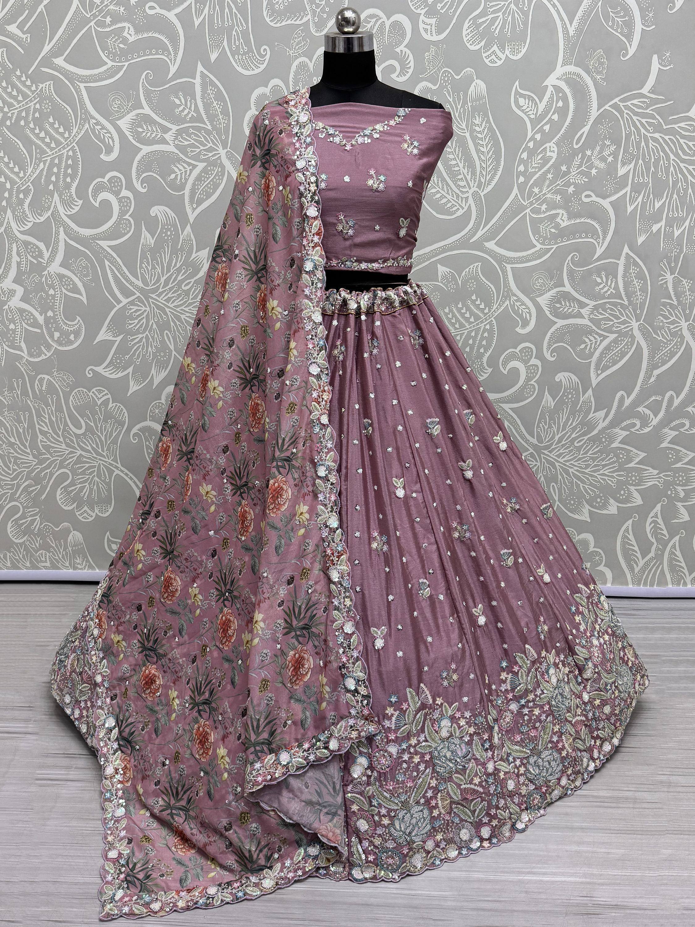 Dusty pink embroidered lehenga choli with floral dupatta, perfect for Indian ethnic wear occasions