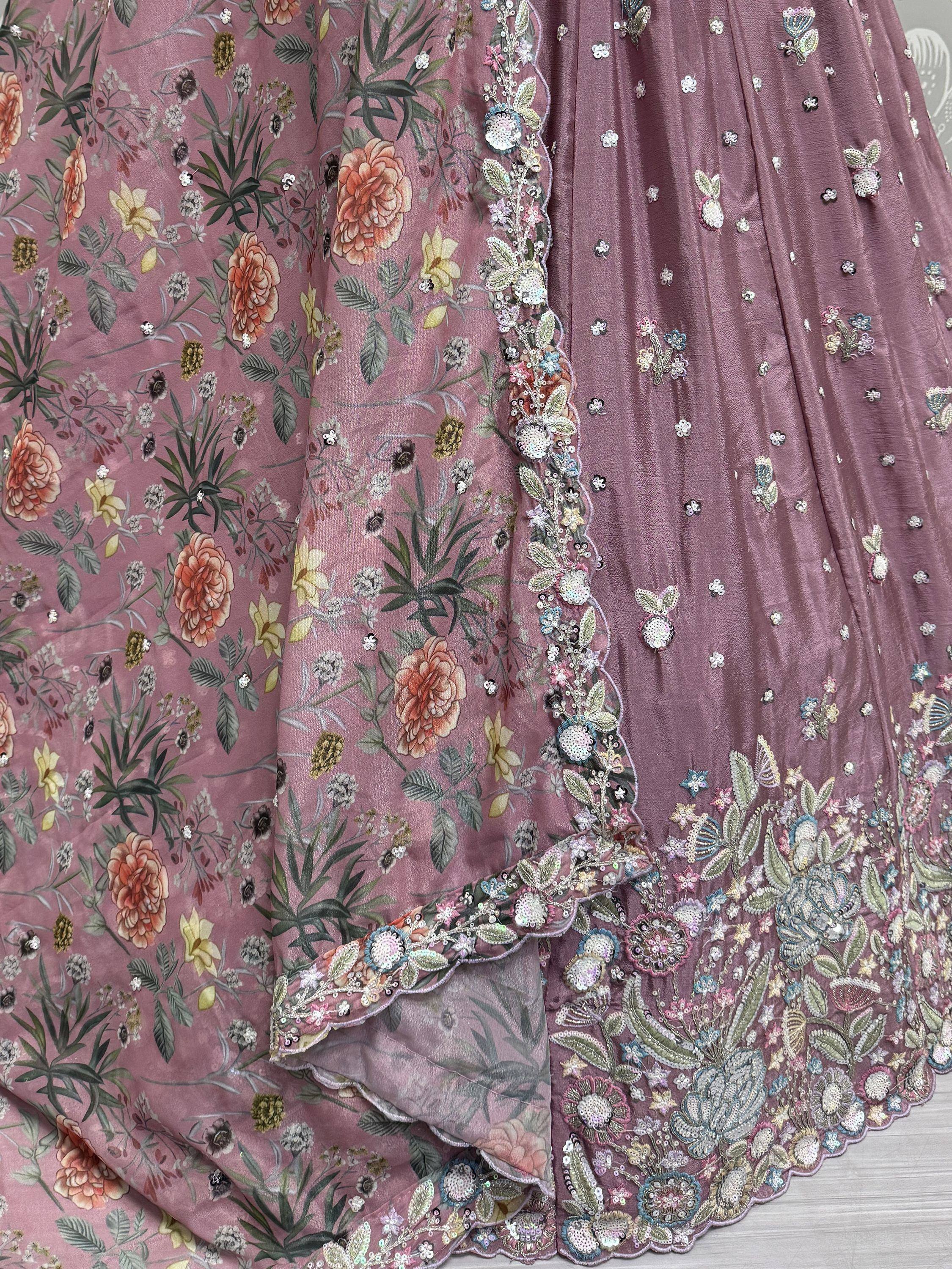 Pink floral embroidered lehenga choli with sequin detailing and matching dupatta, ethnic Indian wear