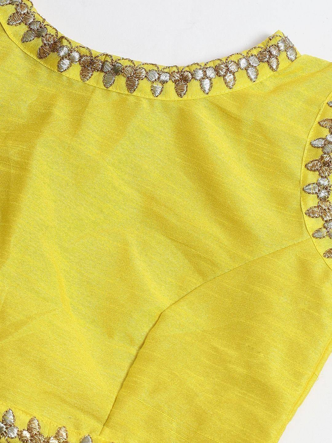 Yellow ethnic blouse with gold and silver embroidery on neckline and sleeves