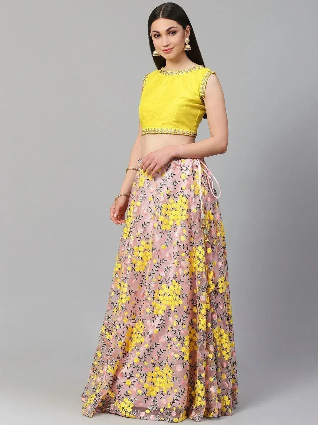 Yellow embroidered crop top with pink floral lehenga, Indian ethnic wear for women