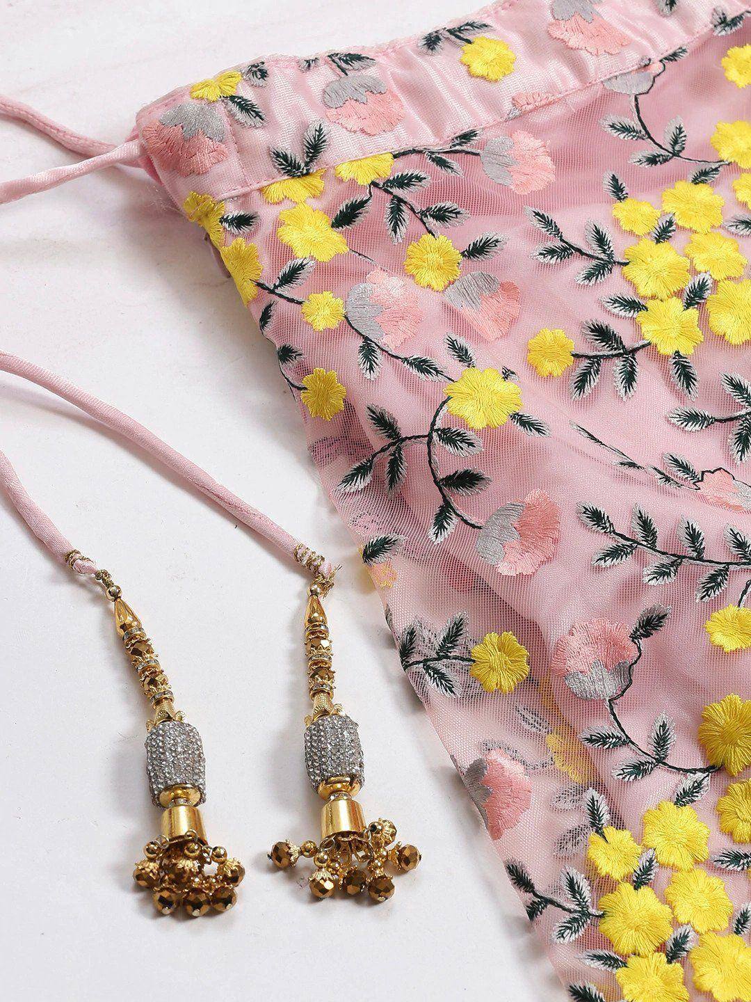 Pink floral embroidered ethnic top with gold tassels, perfect for Indian wear