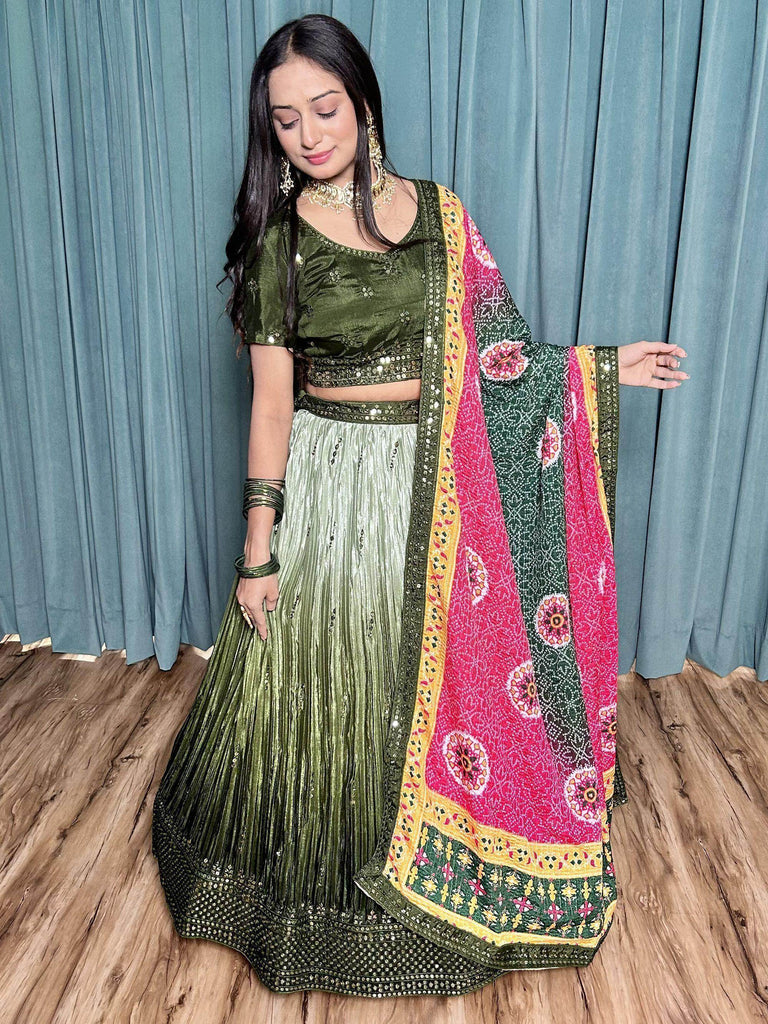 Charming Green Sequins Chinon Mehendi Wear Lehenga Choli With Dupatta