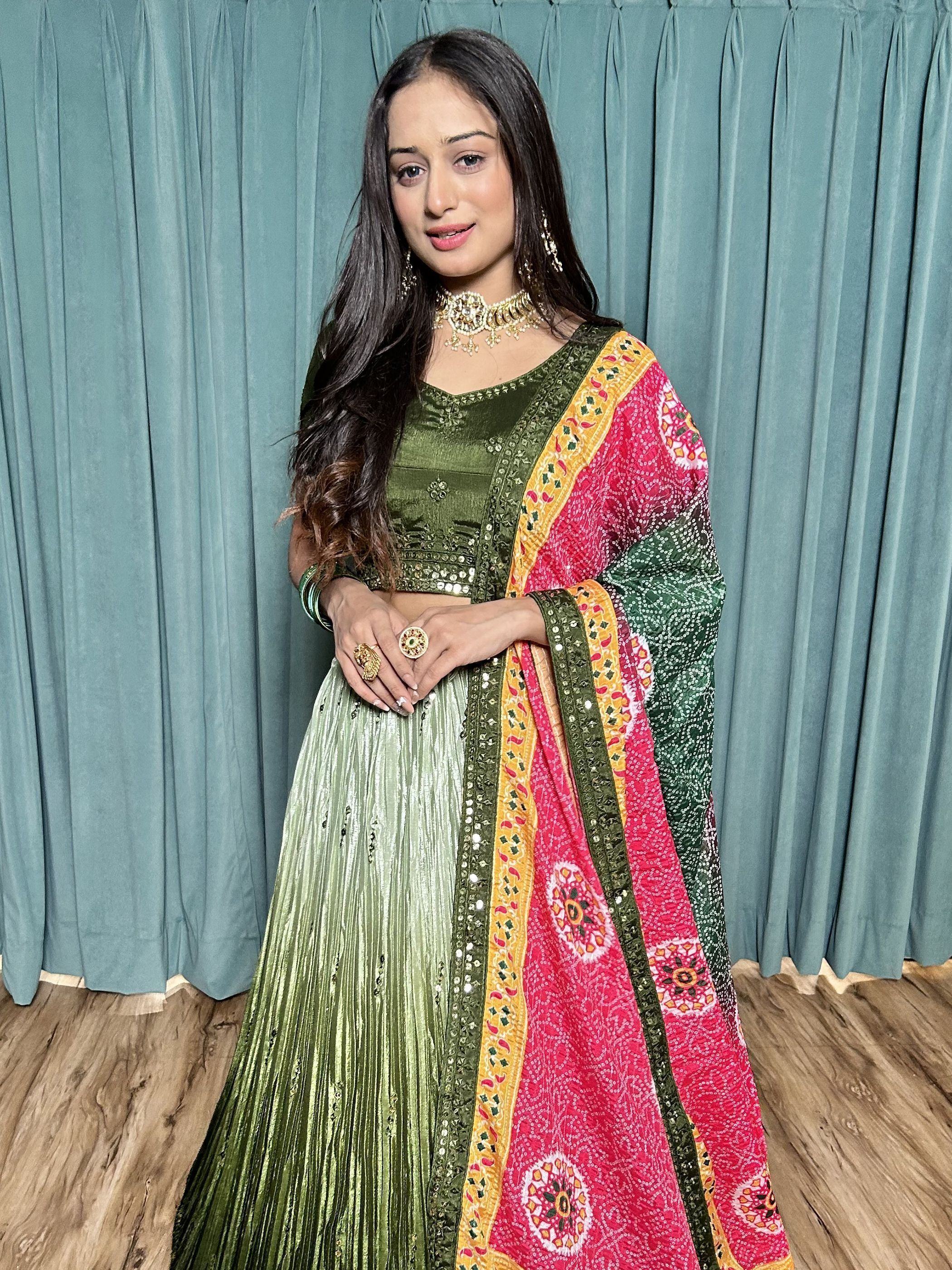 Charming Green Sequins Chinon Mehendi Wear Lehenga Choli With Dupatta