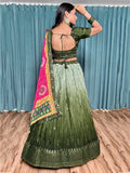 Charming Green Sequins Chinon Mehendi Wear Lehenga Choli With Dupatta