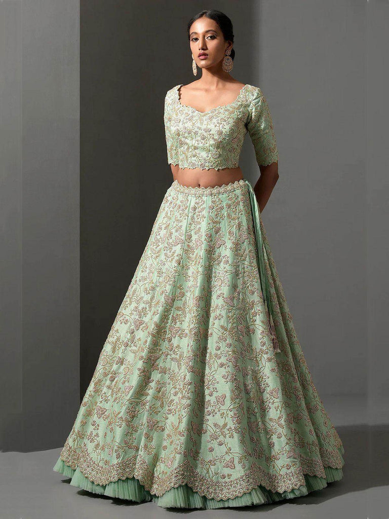 Charming Pista Green Thread Work Silk Wedding Wear Lehenga Choli