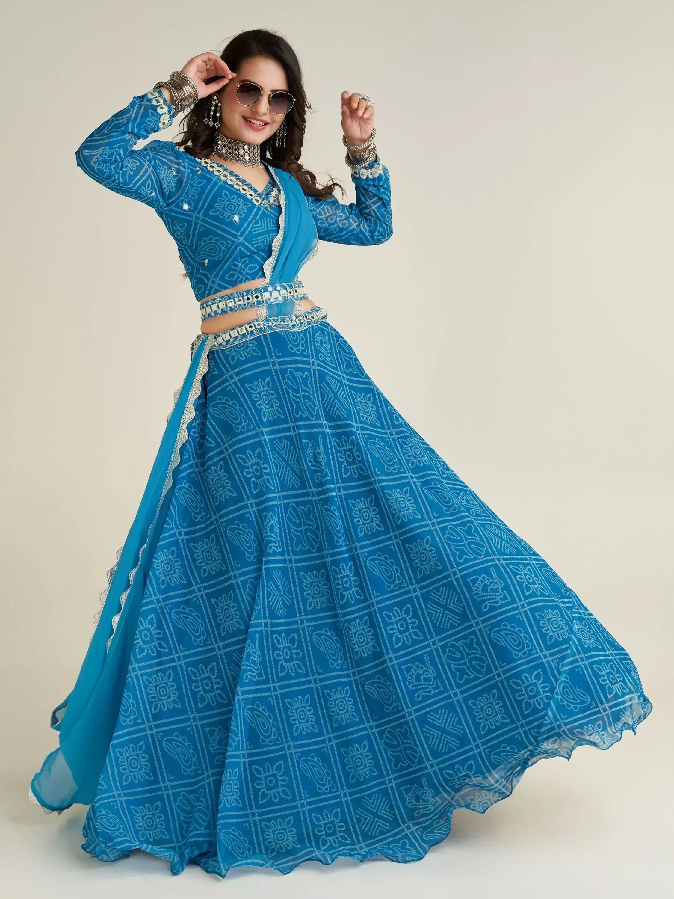 Blue printed lehenga choli with mirror work, ethnic Indian wear for women