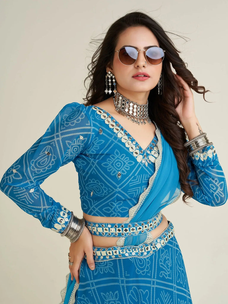 Alluring Sky-Blue Bandhani Printed Georgette Navratri Lehenga Choli