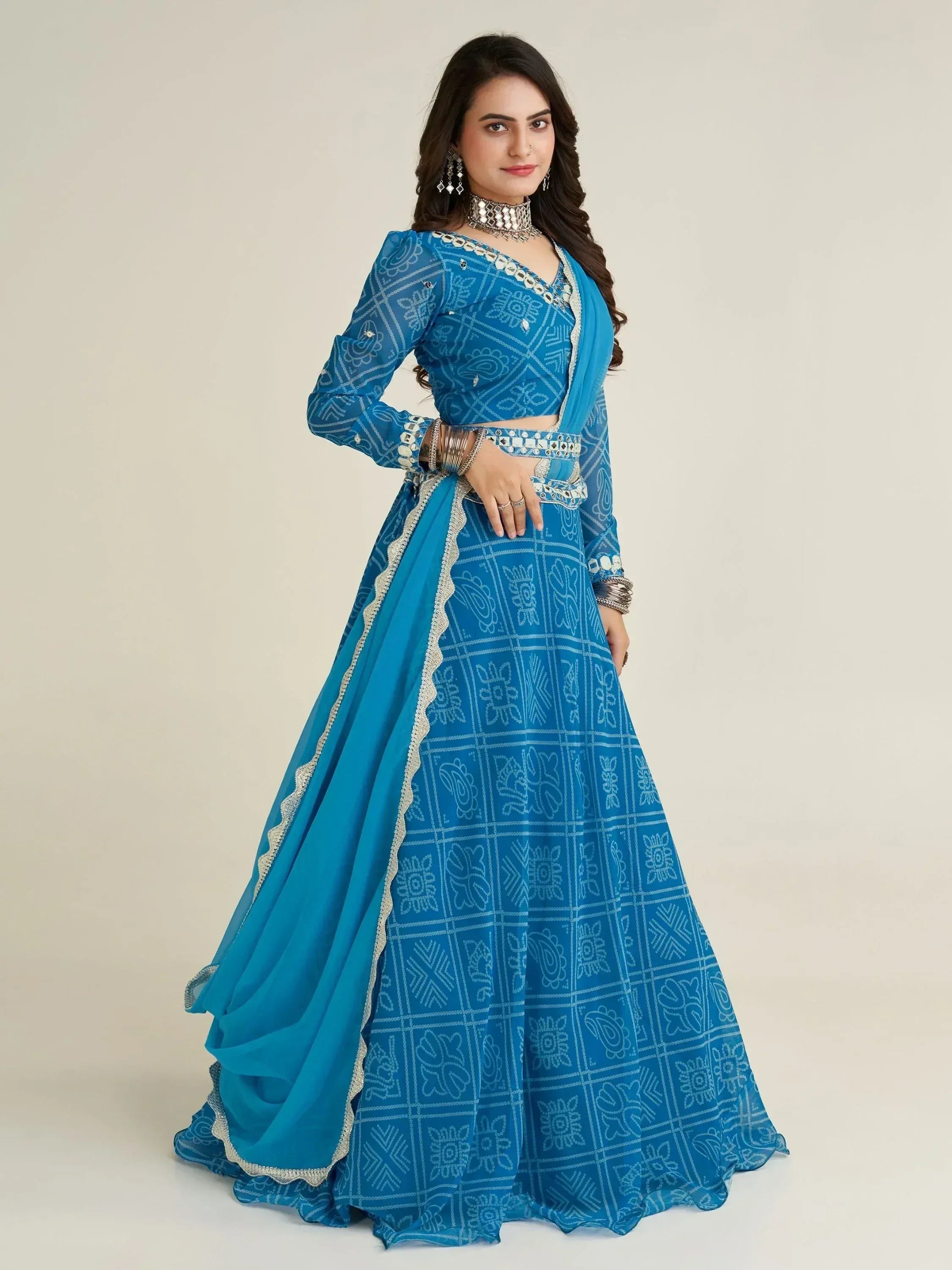 Blue printed lehenga choli with mirror work, ethnic wear for women