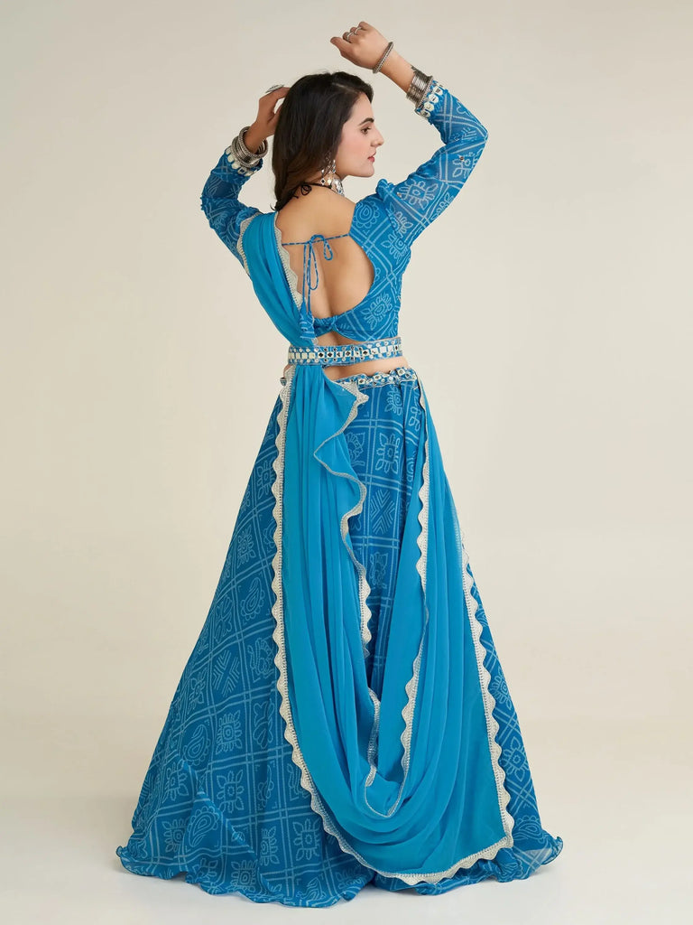 Alluring Sky-Blue Bandhani Printed Georgette Navratri Lehenga Choli