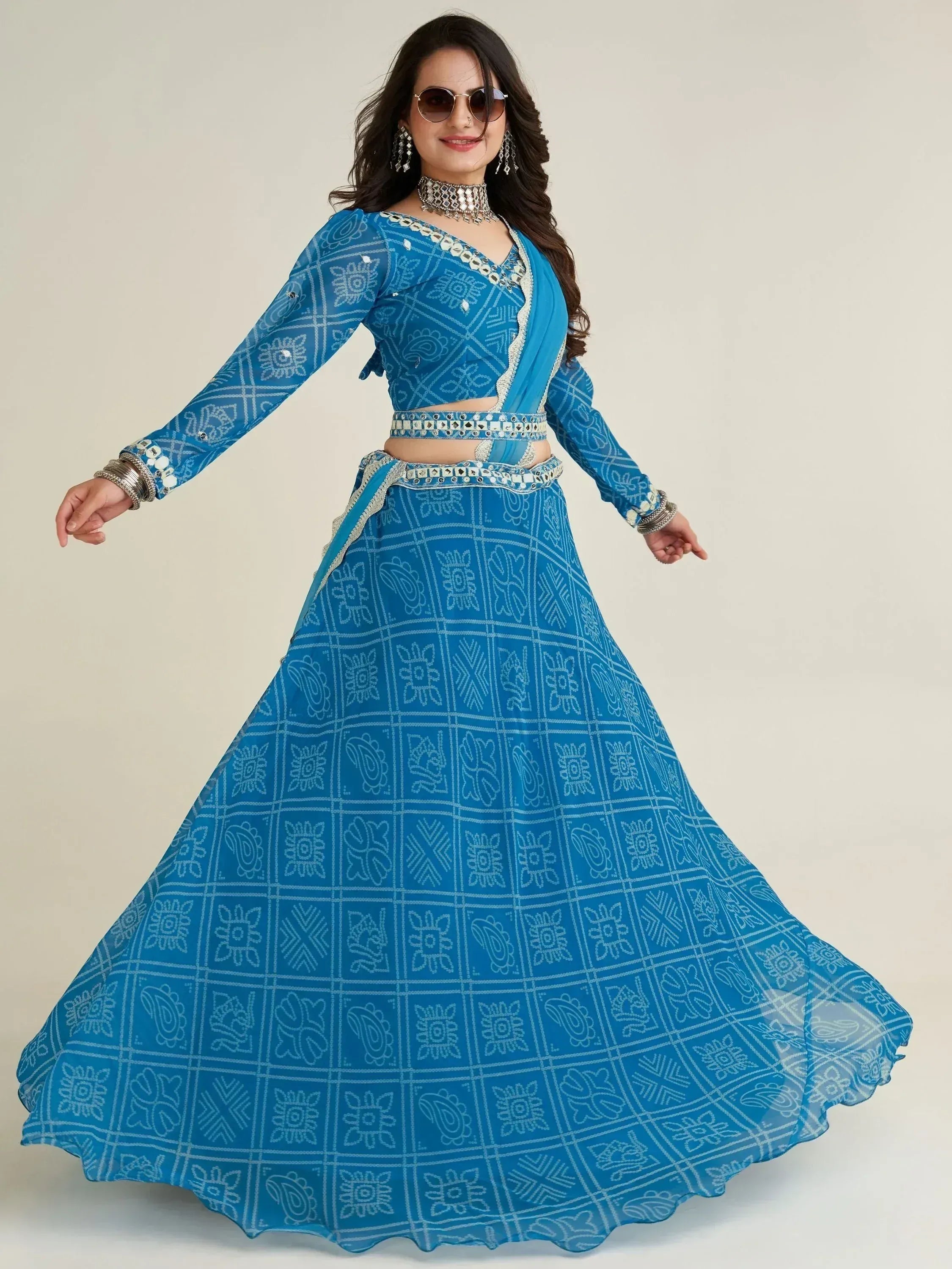 Blue printed lehenga choli with mirror work, ethnic wear for women