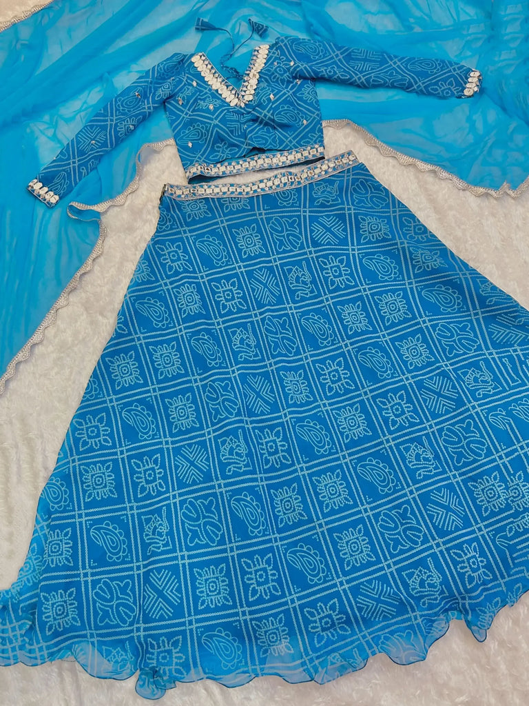 Alluring Sky-Blue Bandhani Printed Georgette Navratri Lehenga Choli