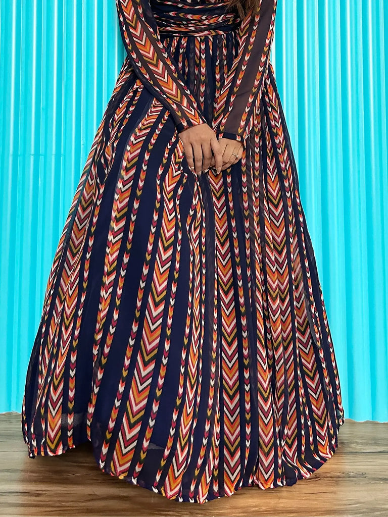 Alluring Navy-Blue & Orange Digital Printed Georgette Party Wear Gown