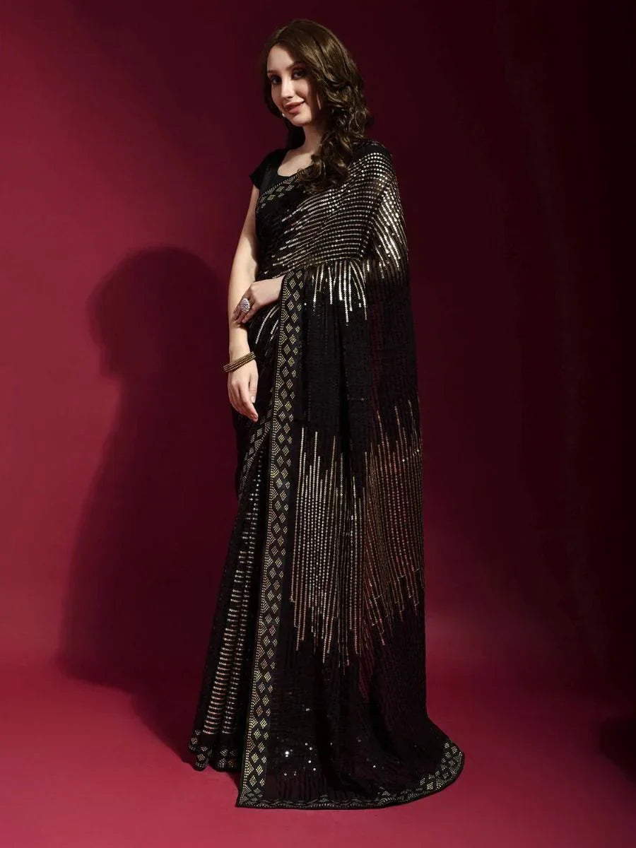 Amusing Black Georgette Fancy Sequins Work Party Wear Saree With Blouse