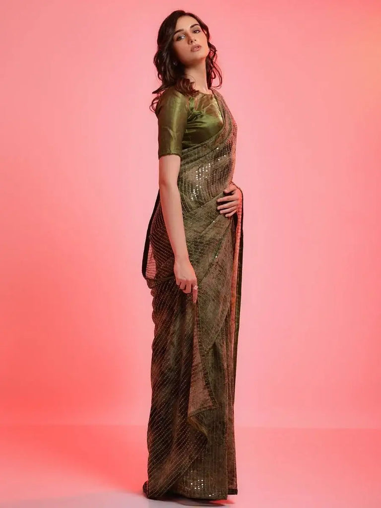 Glamorous Mehendi Green Chiffon Sequins Event Wear Saree With Choli