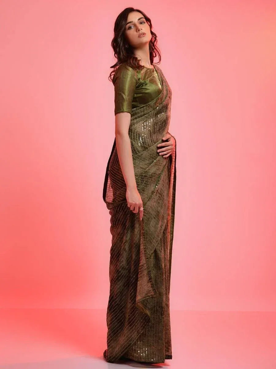 Olive green sequin saree with matching blouse, elegant ethnic wear for women