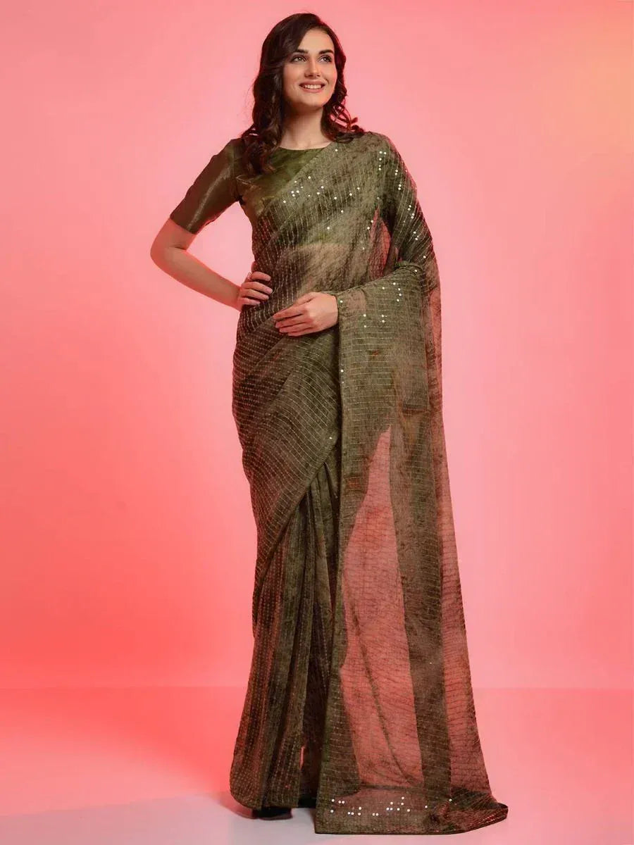Olive green sequin saree with matching blouse, elegant Indian ethnic wear for women