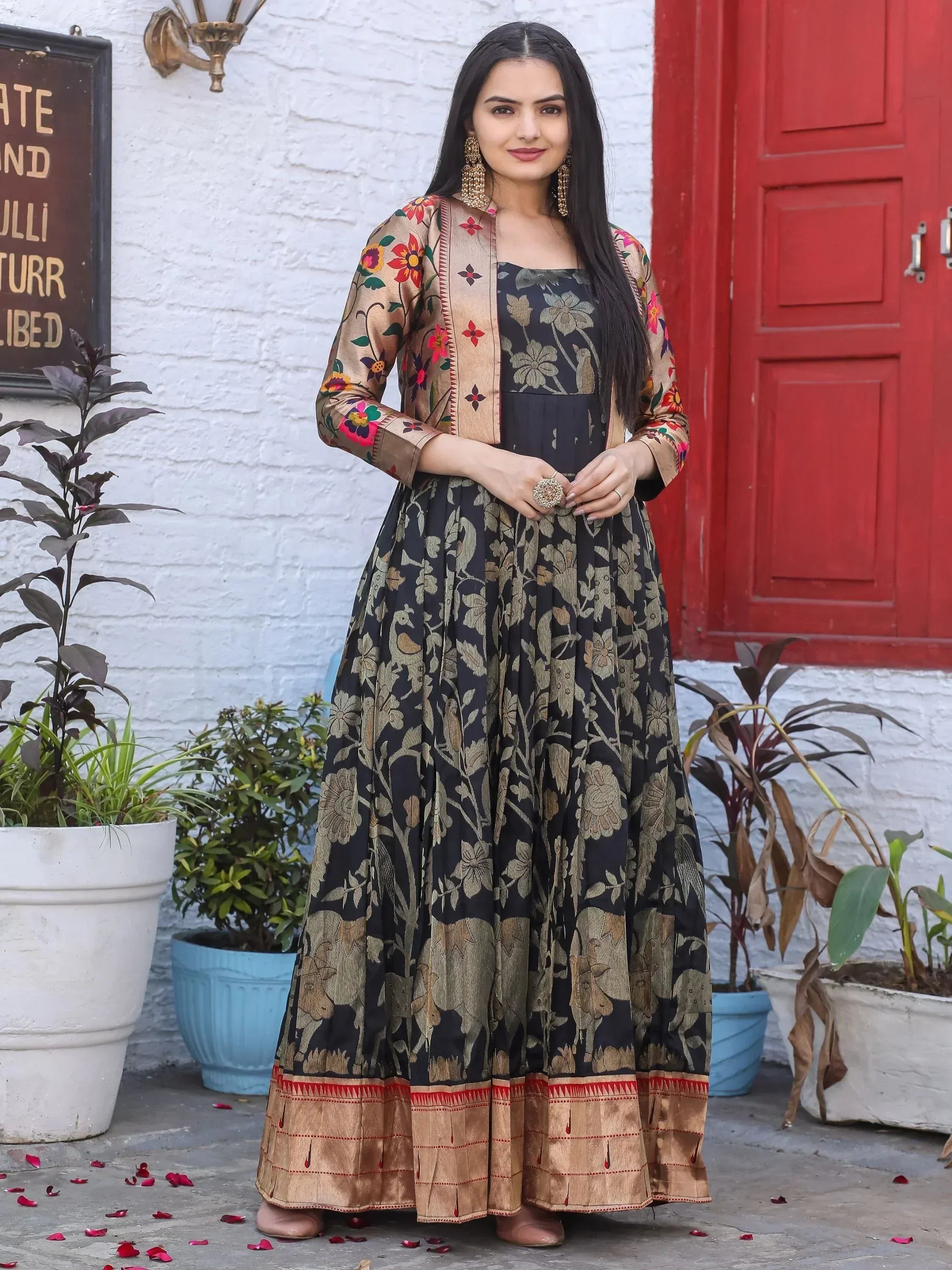 Black floral anarkali with gold embroidery and matching jacket, Indian ethnic wear
