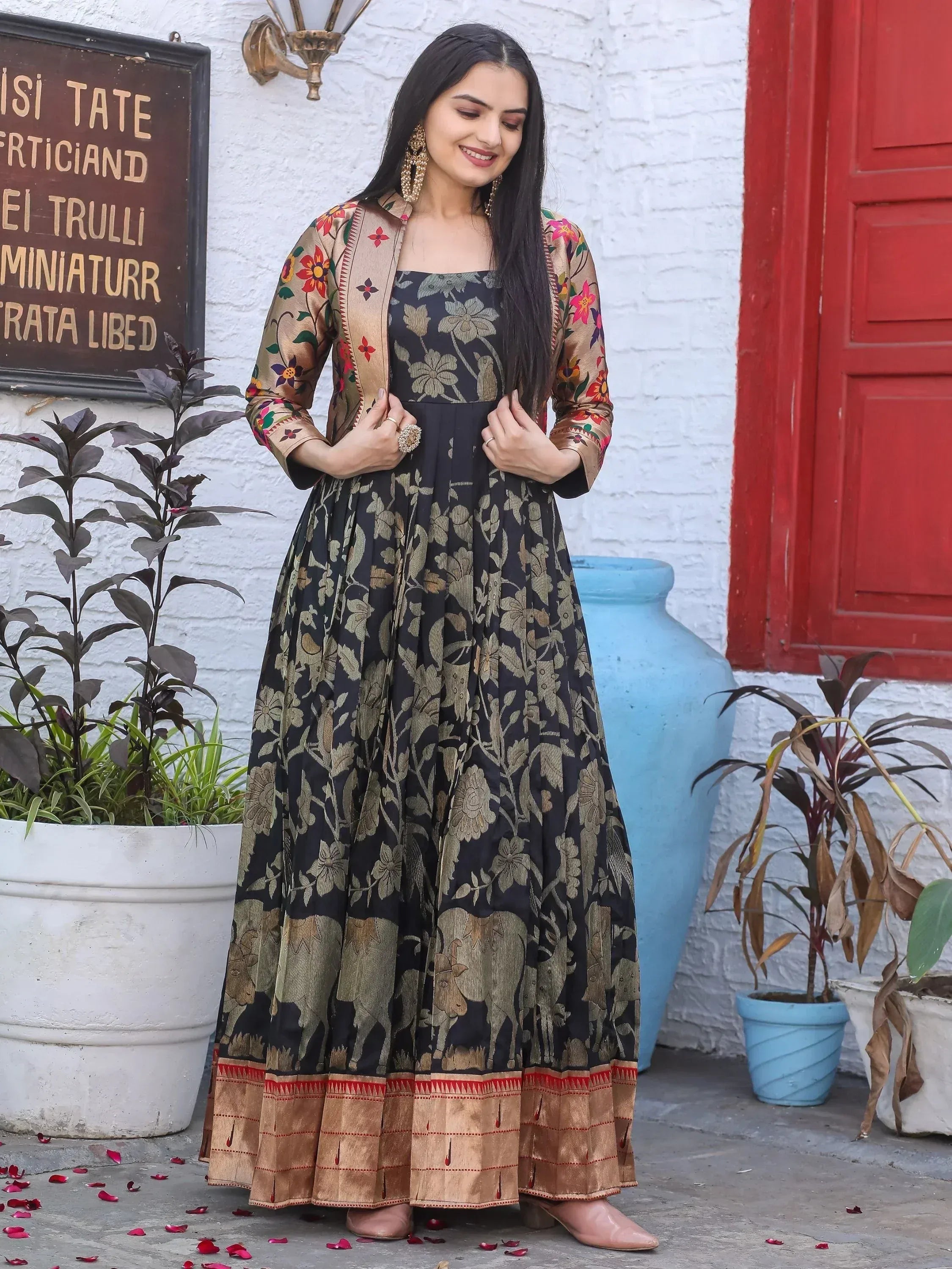 Black floral ethnic gown with embroidered jacket, perfect for Indian occasions and festive wear