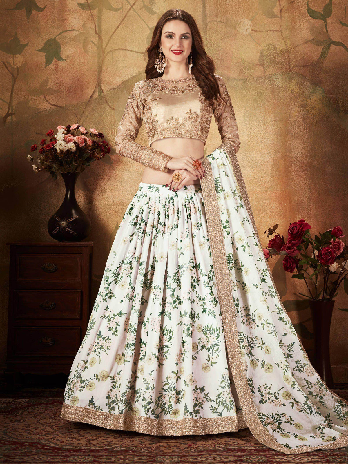 White Floral Digital Printed Organza Wedding Wear Lehenga Choli