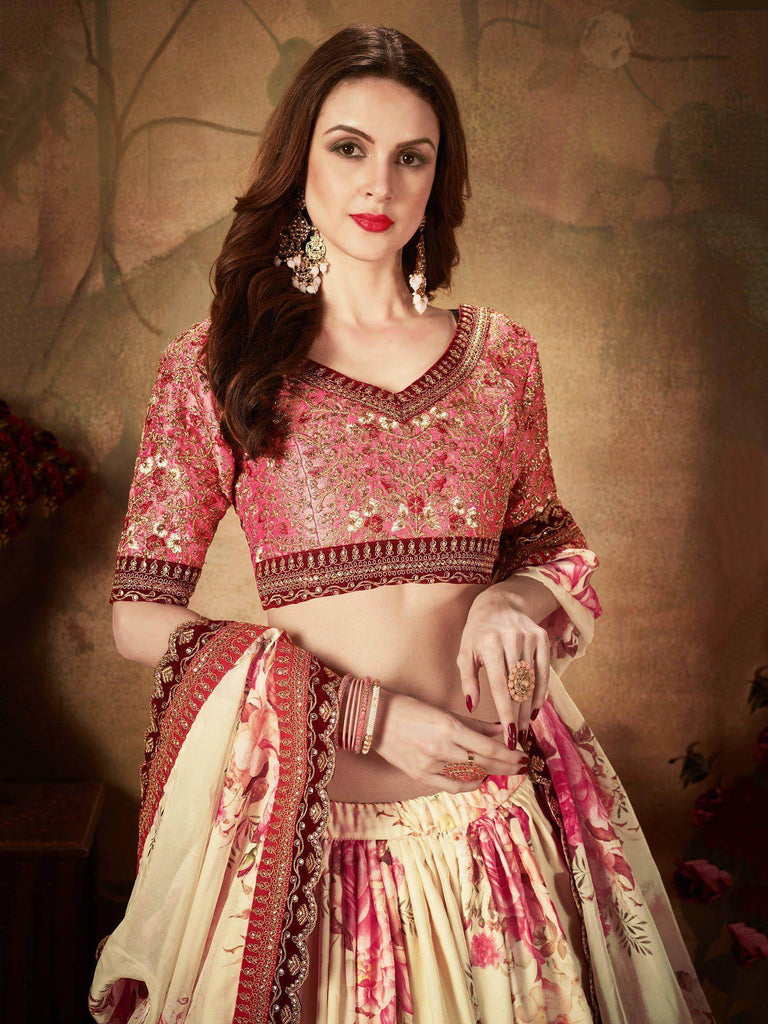 Off White Floral Digital Printed Organza Bridal Lehenga Choli
