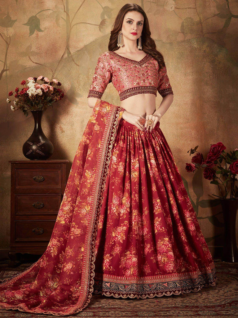 Maroon Floral Digital Printed Organza Bridal Lehenga Choli