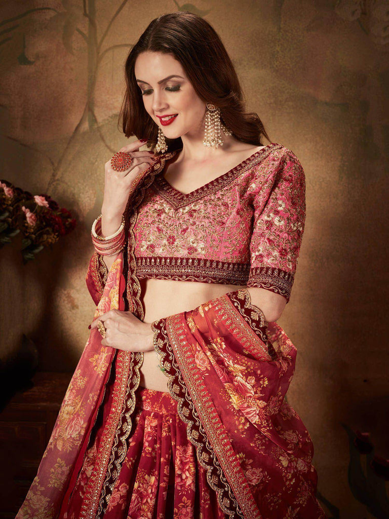 Maroon Floral Digital Printed Organza Bridal Lehenga Choli