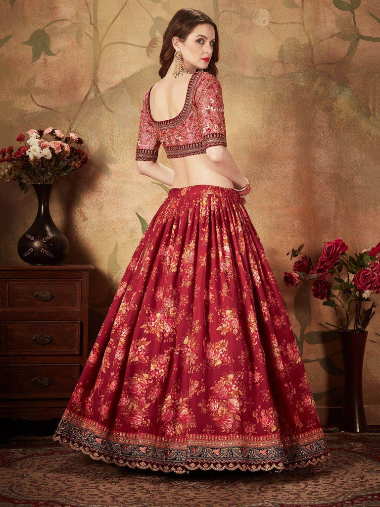 Maroon Floral Digital Printed Organza Bridal Lehenga Choli