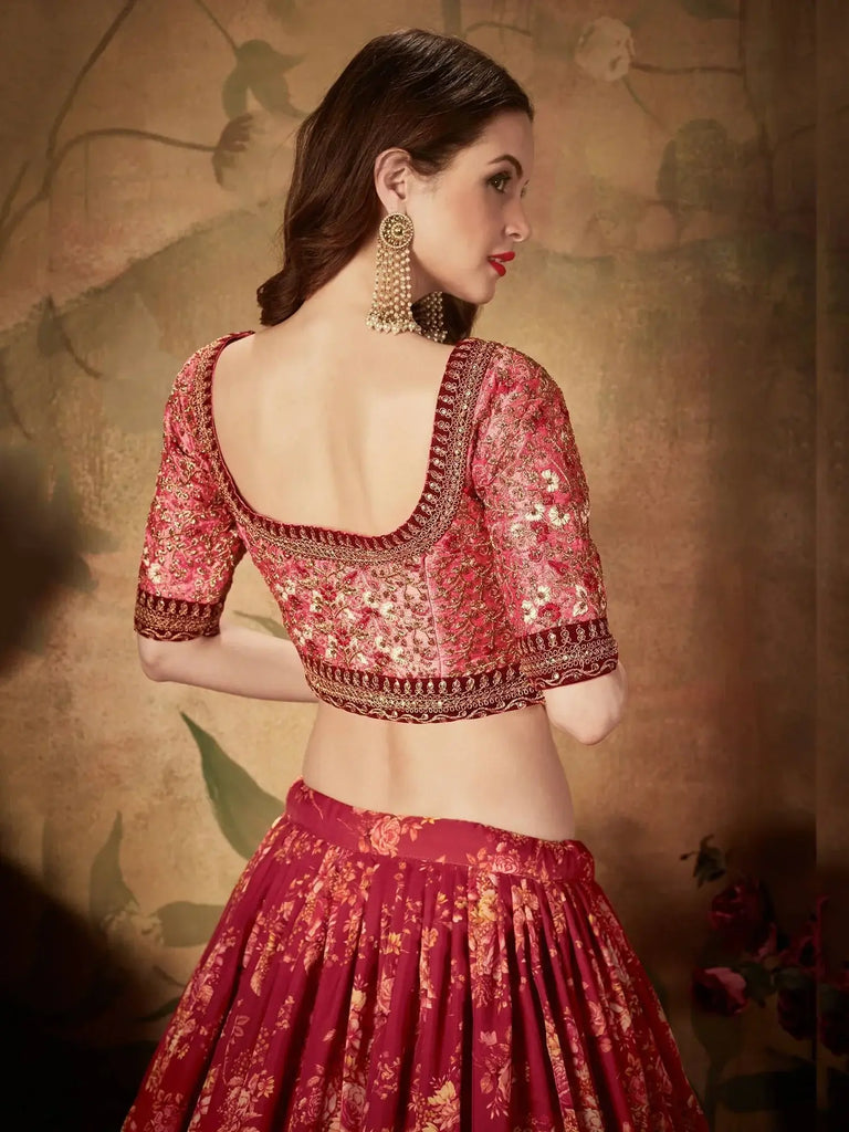Maroon Floral Digital Printed Organza Bridal Lehenga Choli