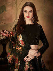 Black Floral Digital Printed Organza Party Wear Lehenga Choli