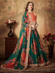 Green Floral Digital Printed Organza Bridal Lehenga Choli