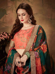 Green Floral Digital Printed Organza Bridal Lehenga Choli