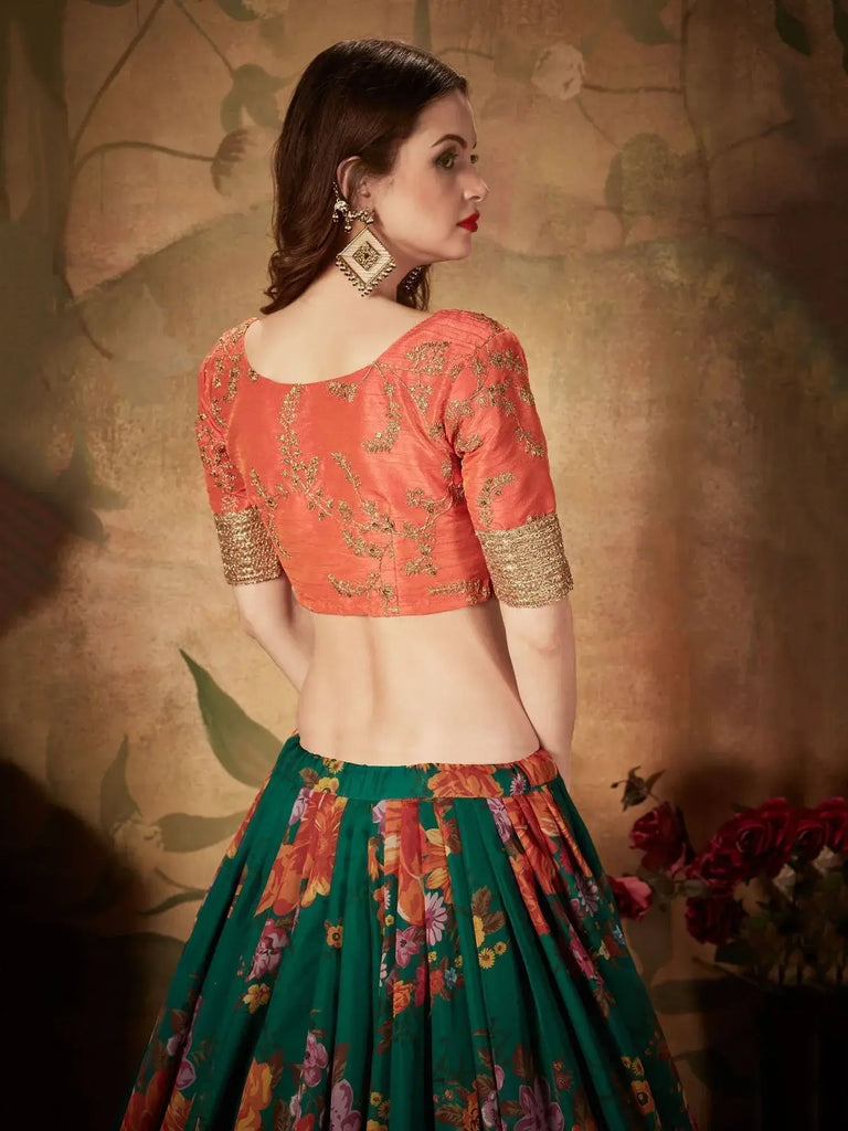 Green Floral Digital Printed Organza Bridal Lehenga Choli