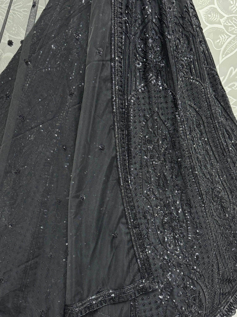 Glamorous Black Pearl Work Net Monochrome Lehenga Choli With Dupatta - Ethnic Plus In