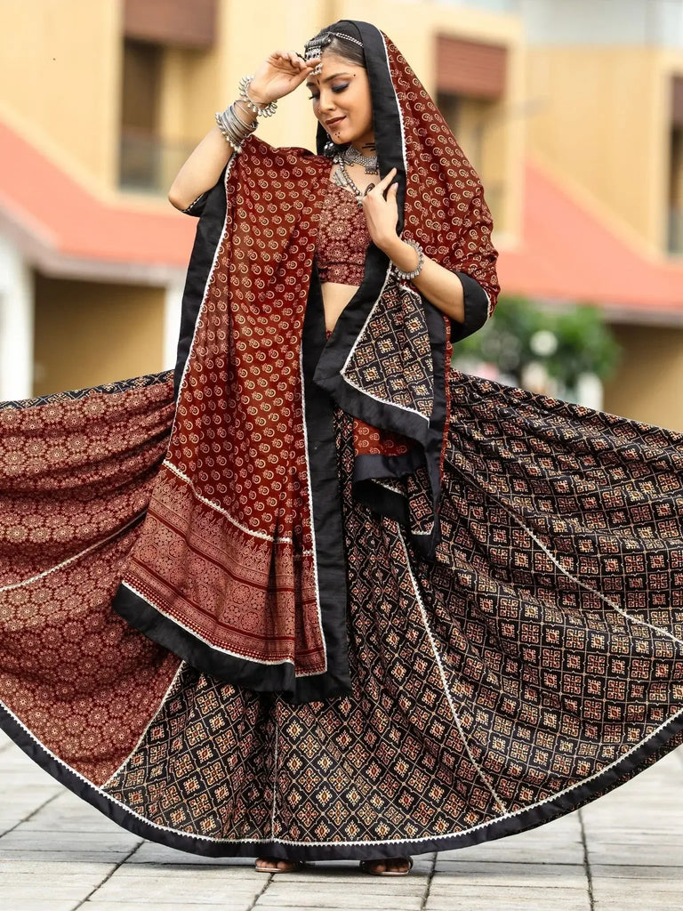 Glamorous Black Printed Cotton Navratri Lehenga Choli With Dupatta - Ethnic Plus In