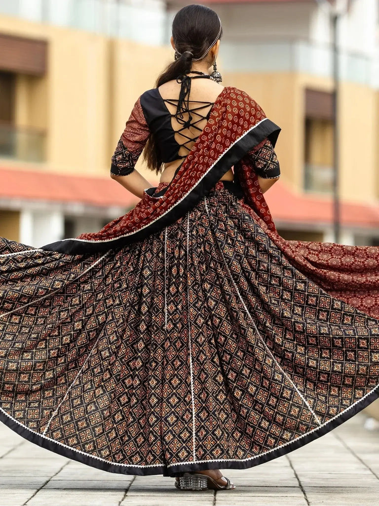 Glamorous Black Printed Cotton Navratri Lehenga Choli With Dupatta - Ethnic Plus In