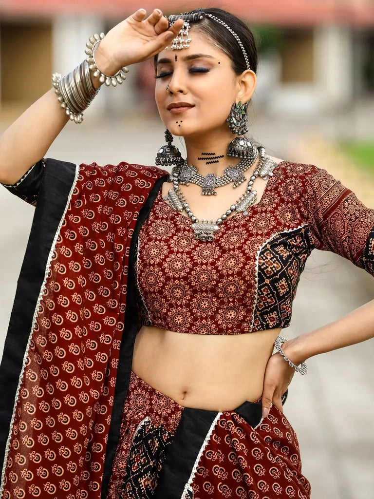 Glamorous Black Printed Cotton Navratri Lehenga Choli With Dupatta - Ethnic Plus In