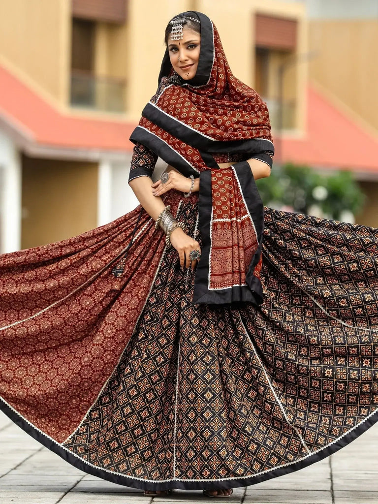 Glamorous Black Printed Cotton Navratri Lehenga Choli With Dupatta - Ethnic Plus In