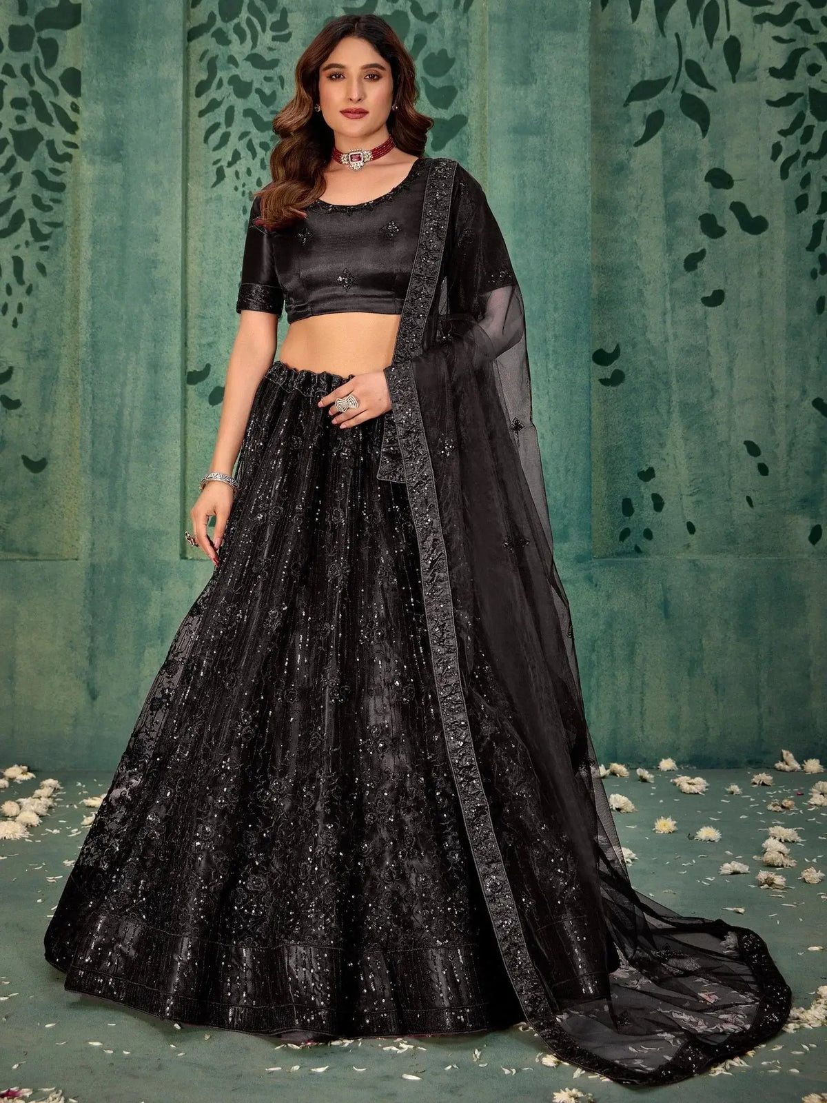 Glamorous Black Sequins Net Reception Wear Lehenga Choli - Ethnic Plus In
