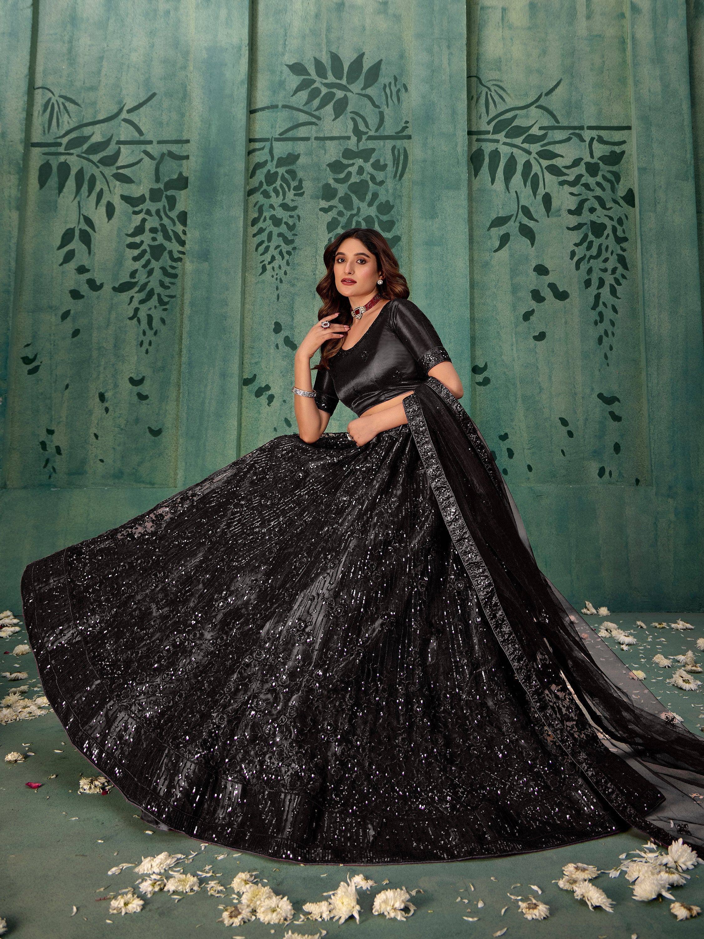 Black sequin lehenga choli with velvet blouse, perfect for Indian ethnic wear events