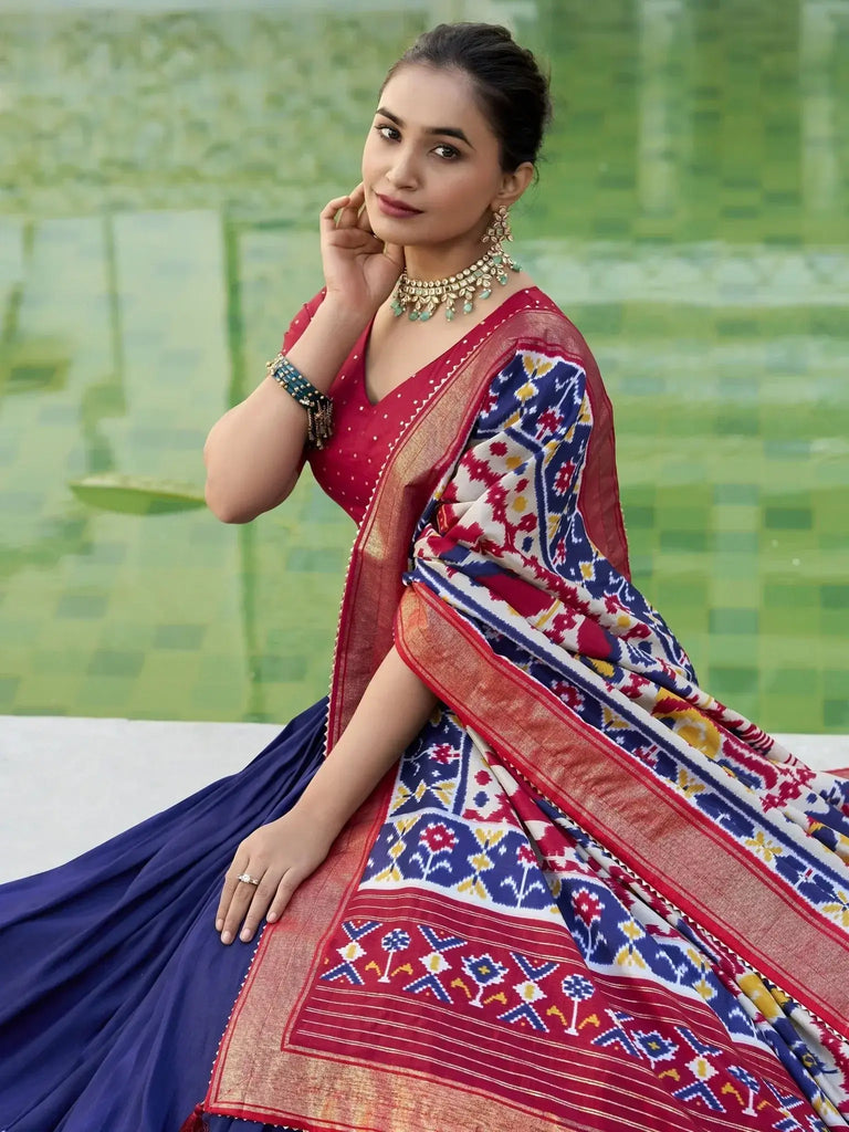 Glamorous Blue Patola Printed Silk Onam Special Lehenga Choli - Ethnic Plus In