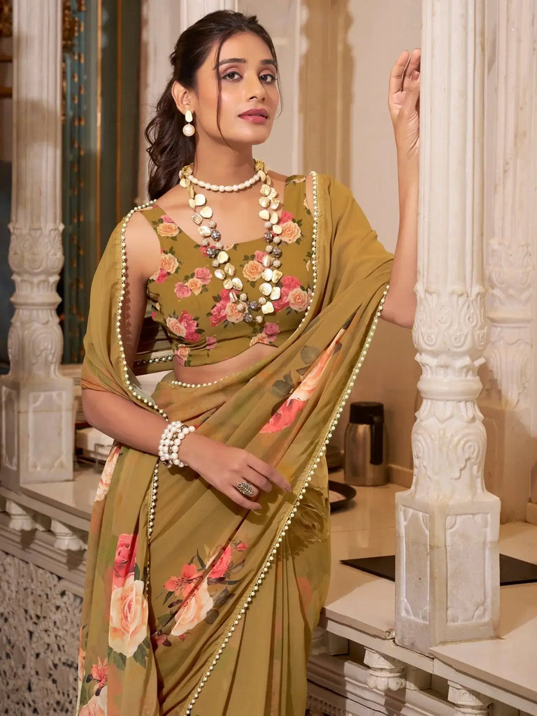 Glamorous Brown Georgette Saree With Blouse - Ethnic Plus In