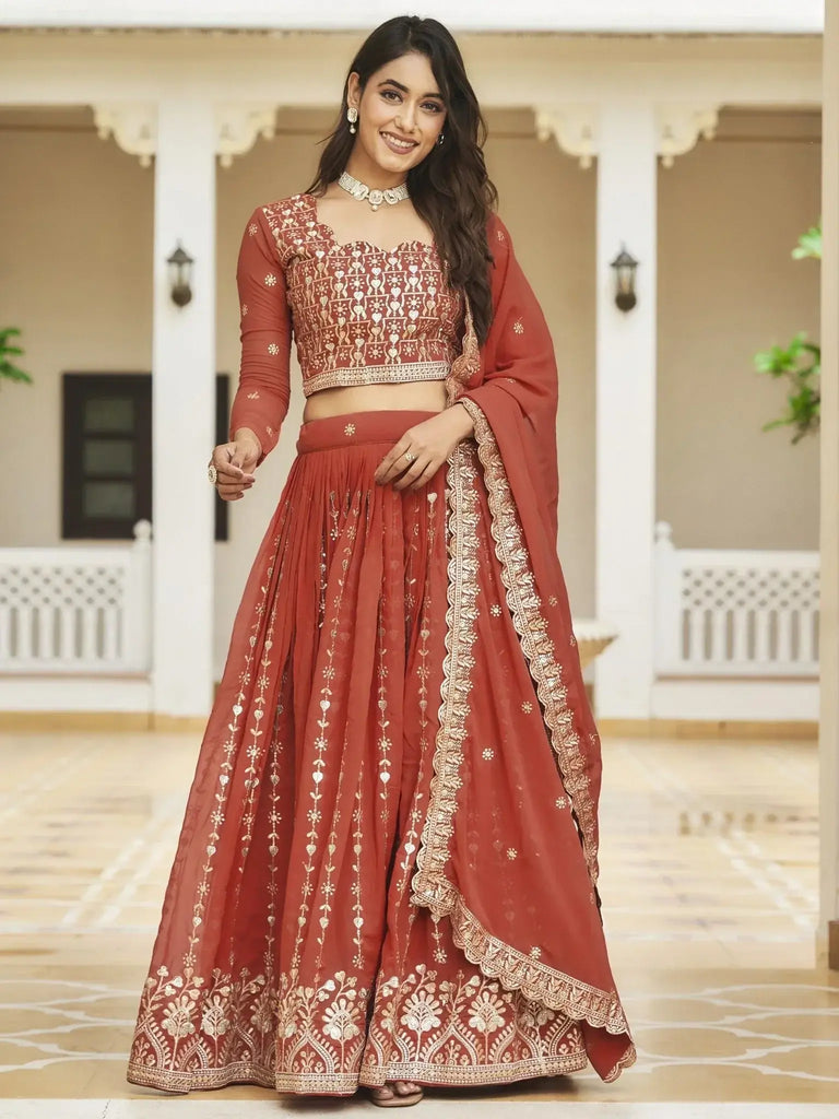 Glamorous Coral Red Sequins Georgette Wedding Wear Lehenga Choli - Ethnic Plus In
